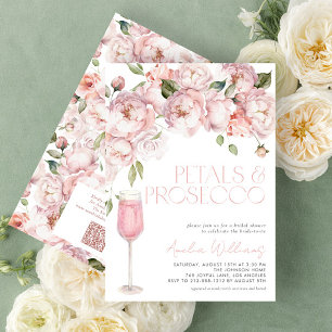 Petals & Prosecco QR Code Pink Bridal Shower Invitation