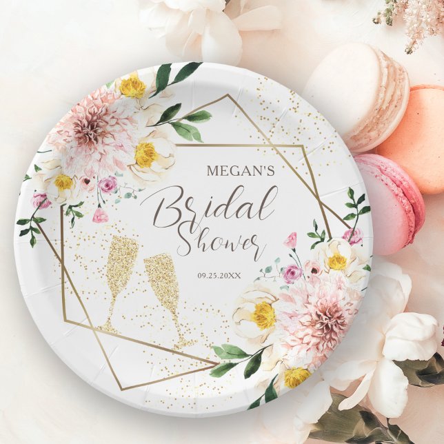 Petals & Prosecco | Rose Gold Floral Bridal Shower Paper Plate (Creator Uploaded)