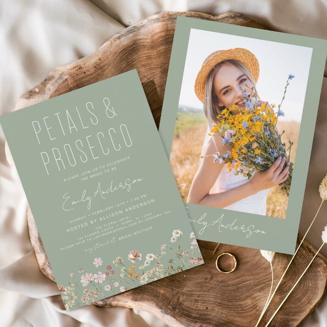 Petals & Prosecco Sage Green Wildflower Photo Invitation (Creator Uploaded)