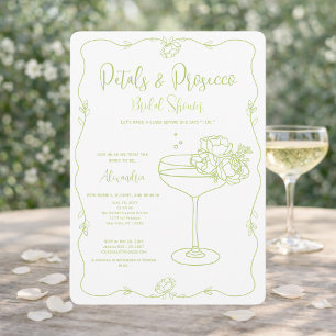 Petals Prosecco Sage Hand Drawn Bridal Shower Invitation