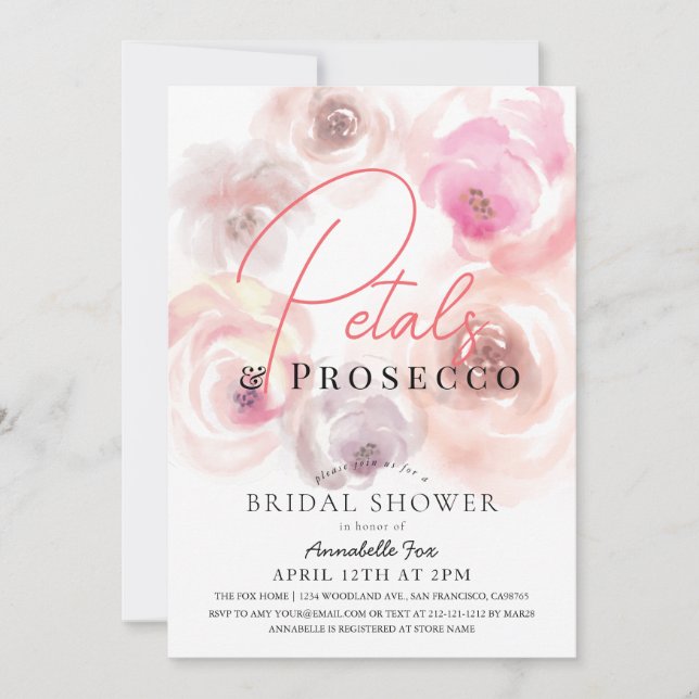 Petals & Prosecco Watercolor Rose Bridal Shower Invitation (Front)