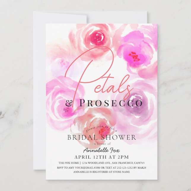 Petals & Prosecco Watercolor Rose Bridal Shower Invitation (Front)