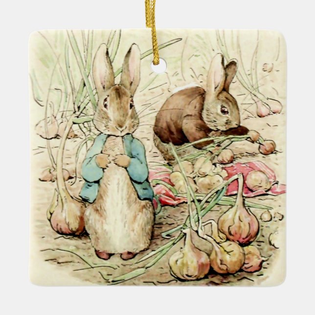 Peter and Benjamin Gather Onions by Beatrix Potter Ceramic Ornament (Front)