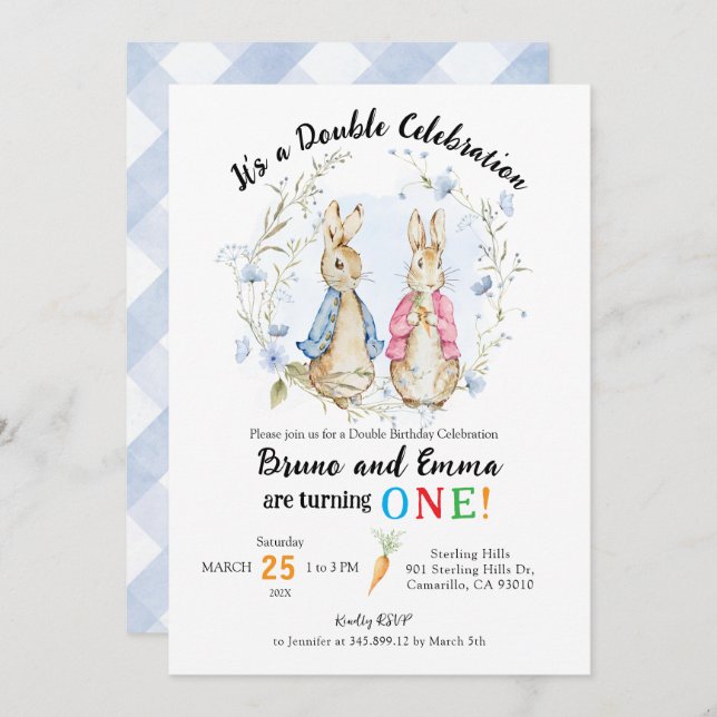 Peter and Flopsy Rabbit Siblings Birthday Invitation (Front/Back)