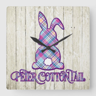 Peter Cottontail Purple Plaid Easter Bunny Square Wall Clock