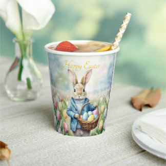 Peter Easter Bunny field of tulips Easter eggs Paper Cups