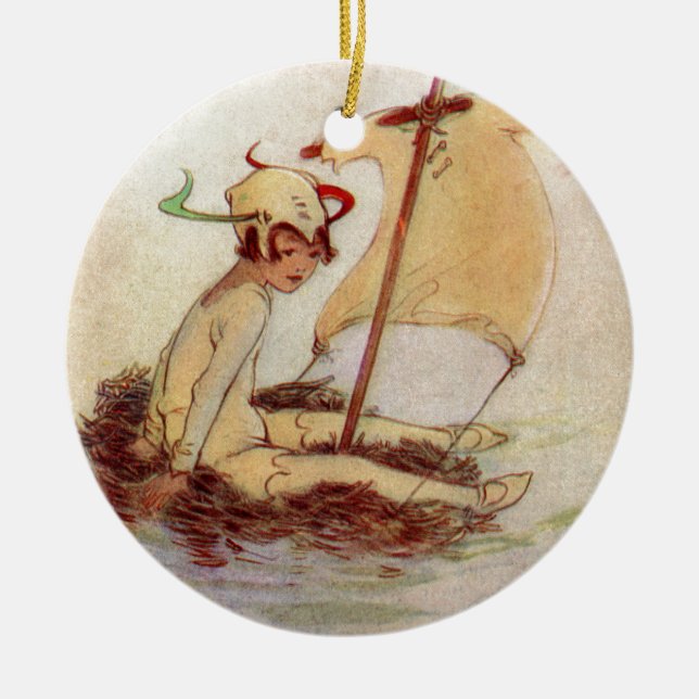 Peter Pan on Nest Raft Ceramic Tree Decoration (Front)
