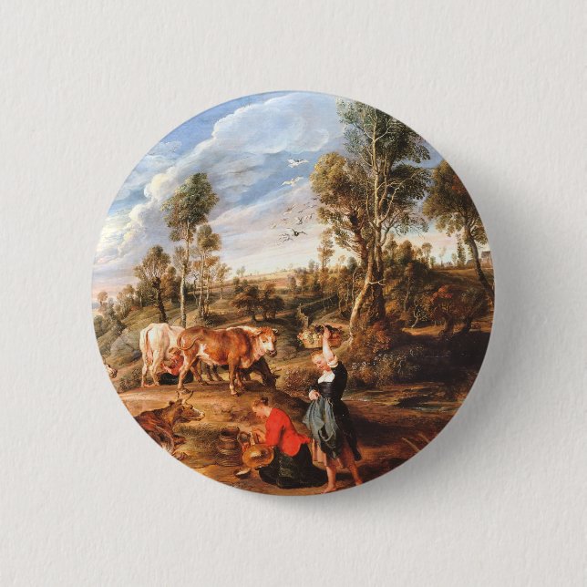 Peter Paul Rubens Milkmaids with Cattle in a Lands 6 Cm Round Badge (Front)