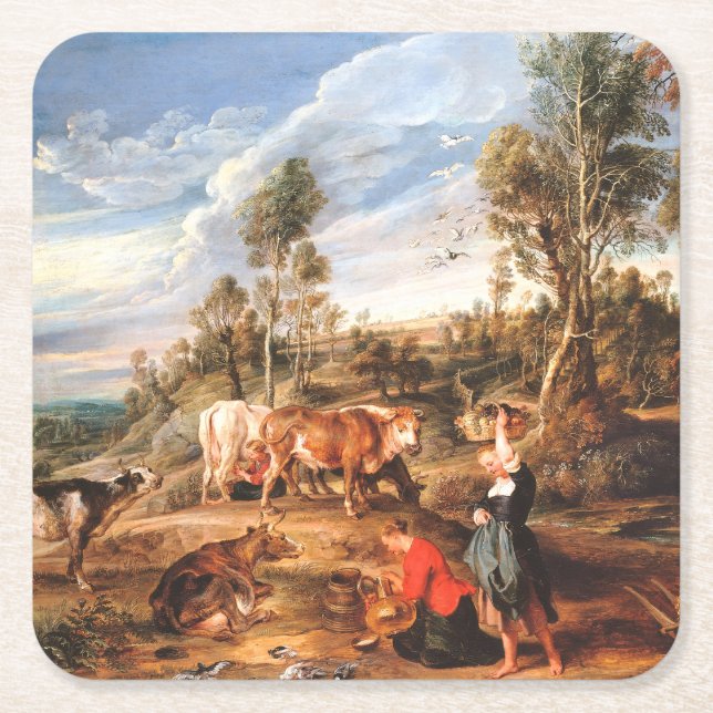 Peter Paul Rubens Milkmaids with Cattle in a Lands Square Paper Coaster (Front)