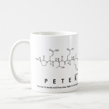 Mug featuring the name Peter spelled out in the single letter amino acid code