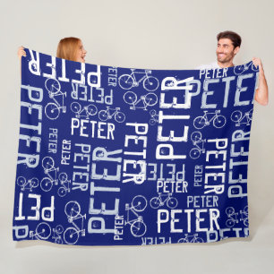 Peter Personalised Name and Bikes Dark-Blue Fleece Blanket