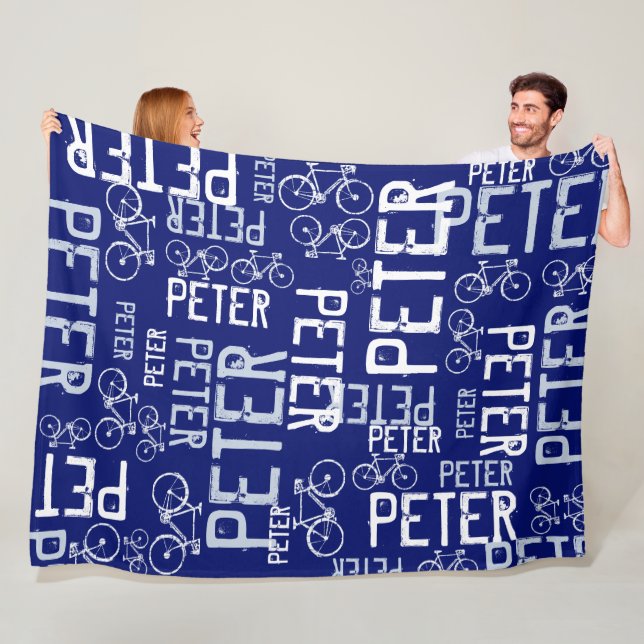 Peter Personalised Name and Bikes Dark-Blue Fleece Blanket (In Situ)