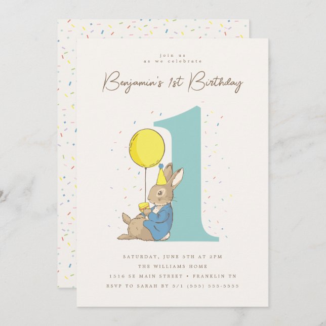 Peter Rabbit 1st Birthday Confetti Invitation (Front/Back)