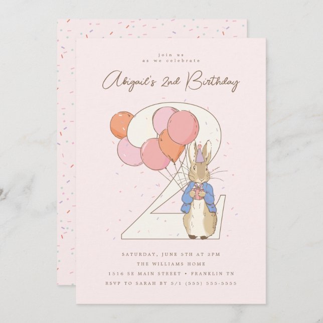 Peter Rabbit 2nd Birthday Pink Confetti Invitation (Front/Back)