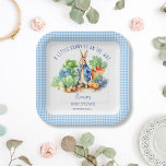 Peter rabbit baby boy baby shower printed paper plate<br><div class="desc">Peter rabbit with a blue jacket and garden vegetables  baby shower monogram printed paper plates template. A cute bunny in a blue jacket standing in veggie garden for a baby boy baby shower pastel blue gingham personalised baby shower tableware</div>
