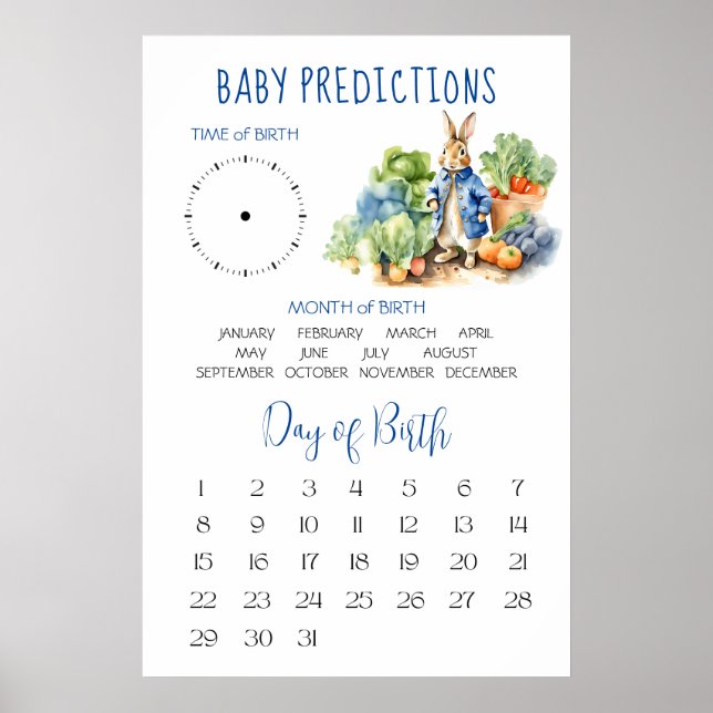 Peter rabbit baby shower birth predictions poster (Front)