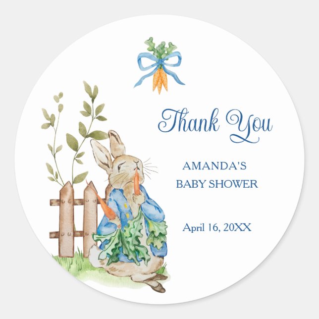 Peter Rabbit Baby Shower Thank You Classic Round Sticker (Front)