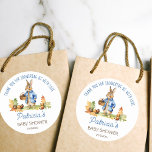 Peter rabbit baby shower thank you favour classic round sticker<br><div class="desc">Peter rabbit with acorns fall baby shower template thank you favour stickers. A cute bunny in a blue jacket with acorn basket acorns and oak leaves for a baby boy baby shower favour gift stickers</div>