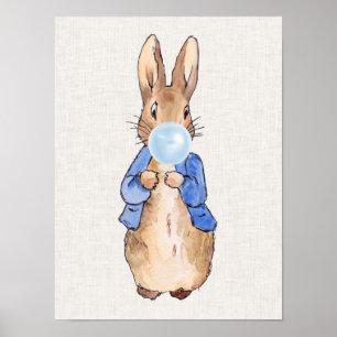 Peter Rabbit Blowing Blue bubble gum Beige Linen Poster