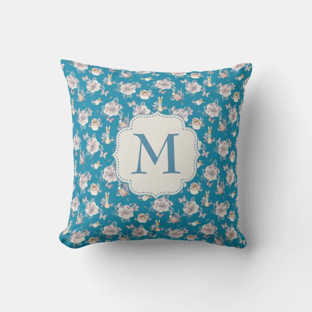 Peter Rabbit | Blue Floral Garden Pattern Cushion (Front)