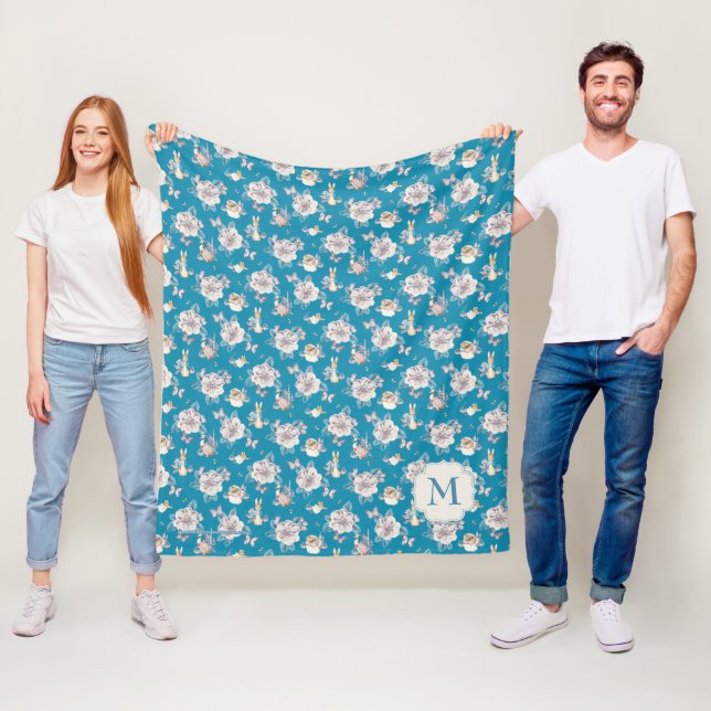 Peter Rabbit | Blue Floral Garden Pattern Fleece Blanket (In Situ)