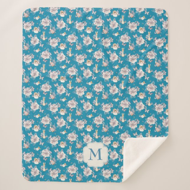 Peter Rabbit | Blue Floral Garden Pattern Sherpa Blanket (Front)