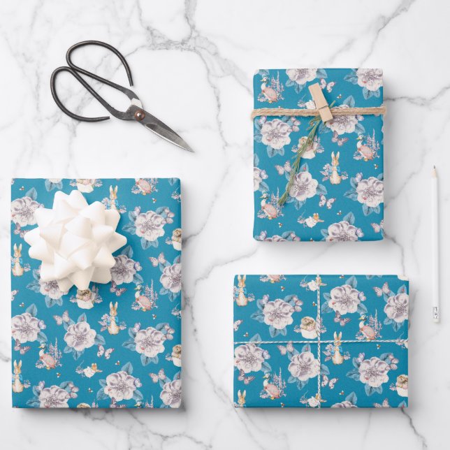 Peter Rabbit | Blue Floral Garden Pattern Wrapping Paper Sheet (Front)