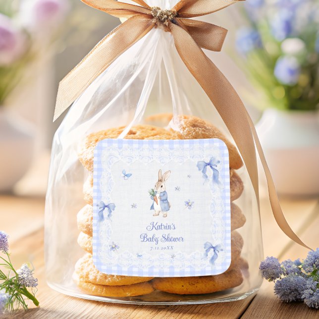 Peter Rabbit Blue Gingham Baby Shower Thank You Square Sticker (Creator Uploaded)