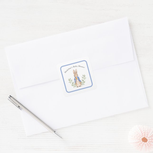 Peter Rabbit Blue Vintage Baby Shower Square Sticker (Envelope)
