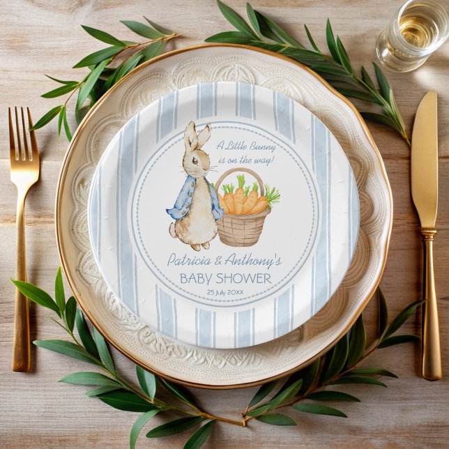 Peter rabbit dusty blue stripes baby shower custom paper plate (Peter rabbit vintage dusty blue stripes baby shower monogrammed paper plates personalized decor)