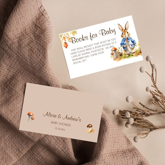Peter rabbit fall baby shower books for baby enclosure card (Peter rabbit baby shower books for baby card whimsical watercolor fall themed cute bunny mushrooms)