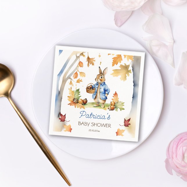 Peter rabbit fall baby shower tableware napkin (Peter rabbit baby shower tableware personalized party plates cute bunny acorn basket oak trees fall)