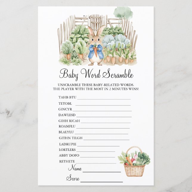 Peter Rabbit Garden Scramble Baby Shower Game (Front)