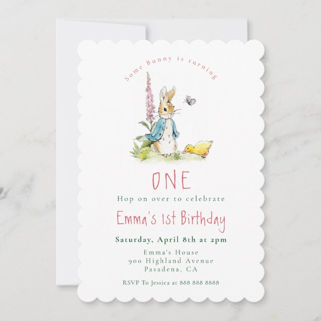 Peter Rabbit girl 1st birthday invitation (Front)