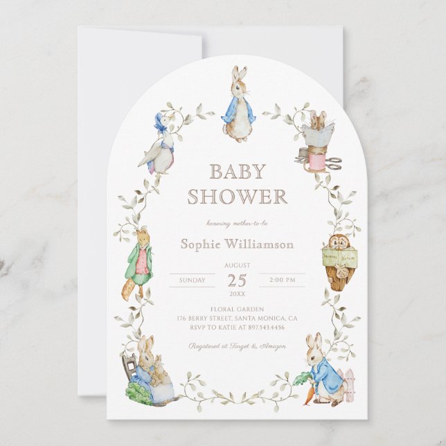 Peter Rabbit Greenery Watercolor Baby Shower Arch Invitation (Front)