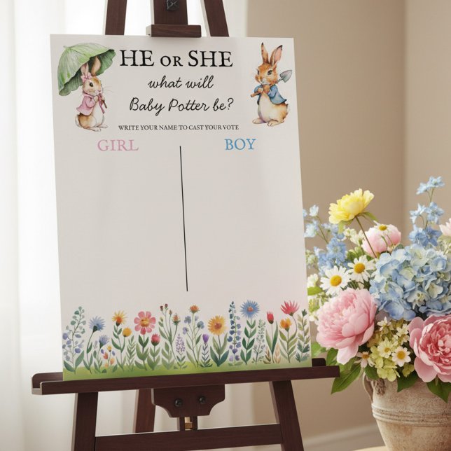 Peter Rabbit He or She Gender Reveal Voting Game Poster (Peter Rabbit storybook themed gender reveal voting poster game.)