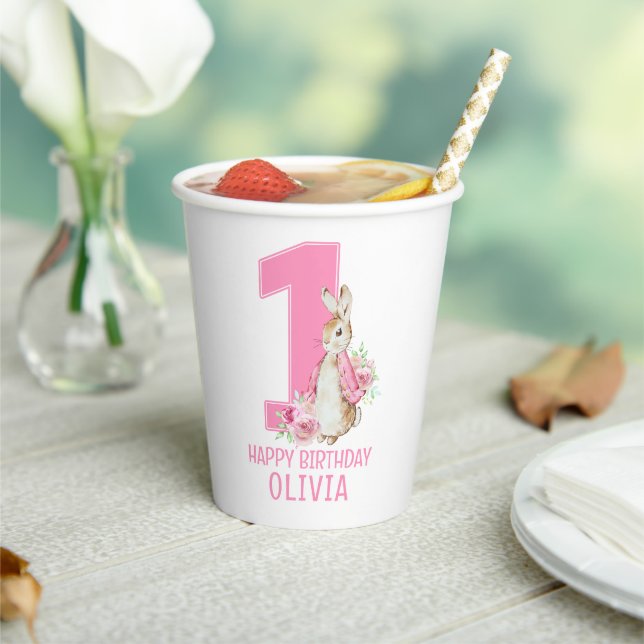 Peter Rabbit Pink Baby First Birthday Paper Cups (Insitu)