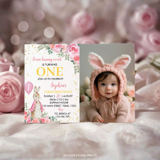 Peter Rabbit Pink Birthday Photo Invitation