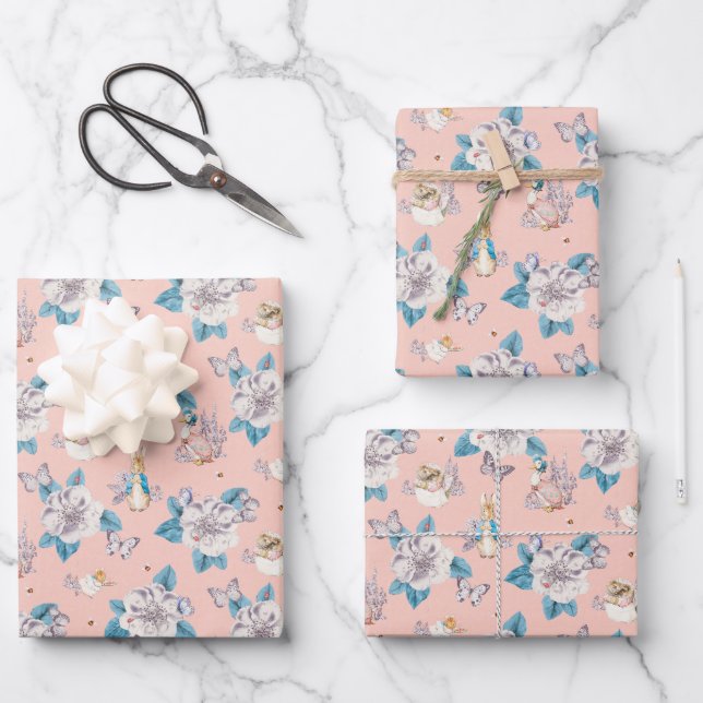 Peter Rabbit | Pink Floral Garden Pattern Wrapping Paper Sheet (Front)