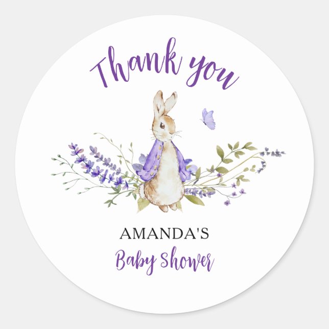 Peter Rabbit Purple Baby Shower Classic Round Sticker (Front)