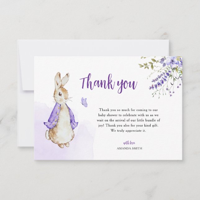 Peter Rabbit Purple Baby Shower Thank You Card (Front)