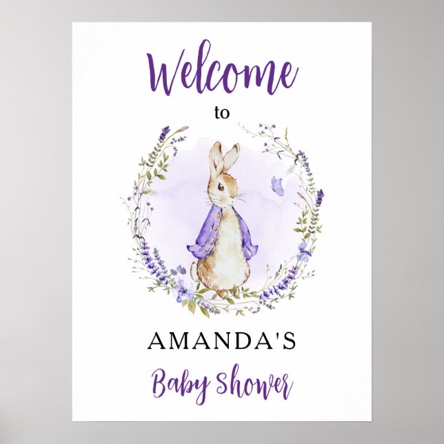 Peter Rabbit Purple Baby Shower Welcome Poster (Front)