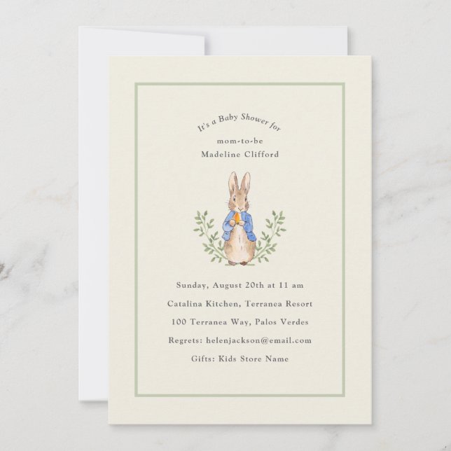 Peter Rabbit Sage Green Vintage Baby Shower Invitation (Front)