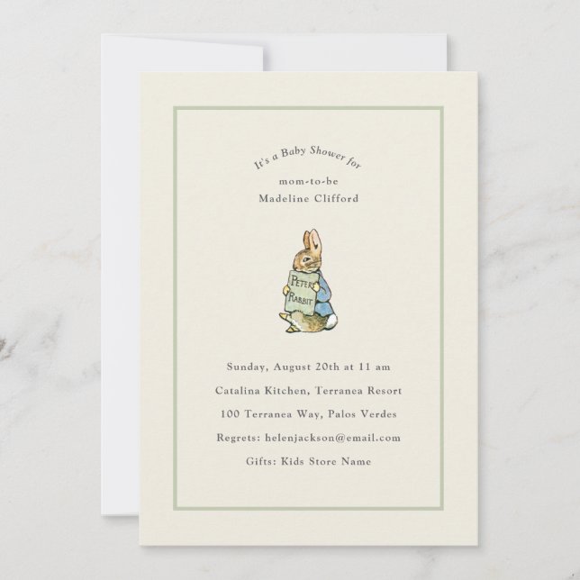 Peter Rabbit Sage Green Vintage Baby Shower Invitation (Front)