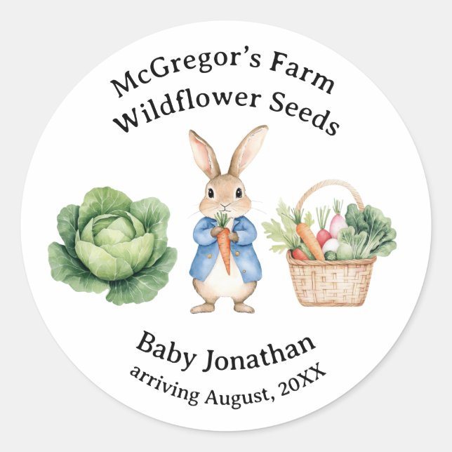 Peter Rabbit Veggie Basket Baby Shower Favour Classic Round Sticker (Front)
