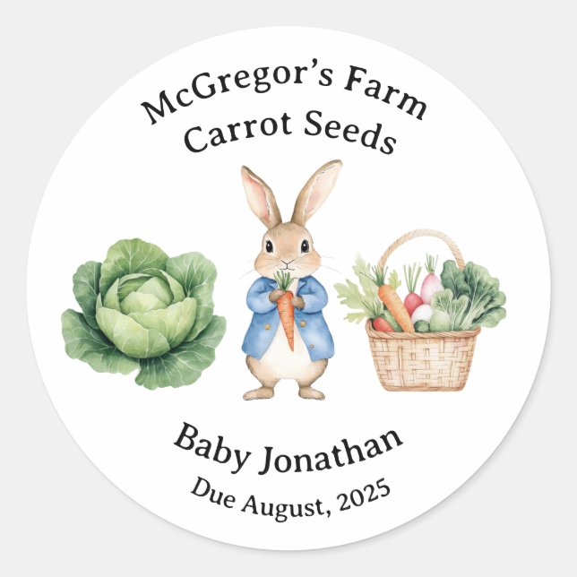 Peter Rabbit Veggie Basket Baby Shower Favour Classic Round Sticker (Front)