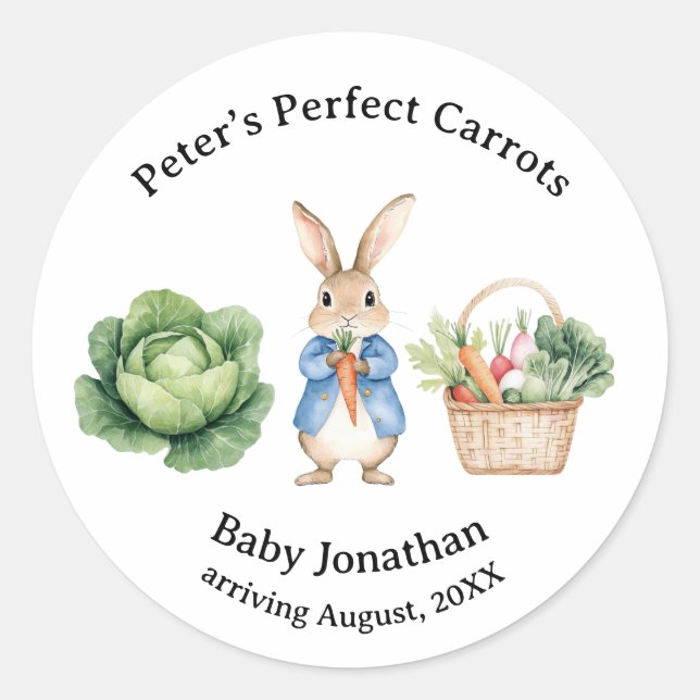 Peter Rabbit Veggie Basket Baby Shower Favour Classic Round Sticker (Front)