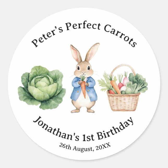 Peter Rabbit Veggie Basket Baby Shower Favour Classic Round Sticker (Front)