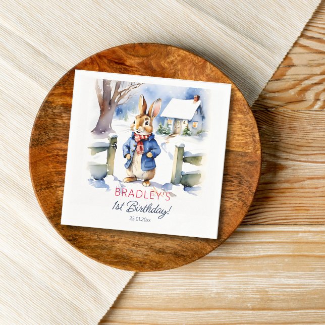 Peter rabbit winter birthday party tableware napkin (Peter Rabbit winter themed birthday party tableware personalized napkins watercolor cute bunny snowy)
