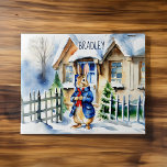 Peter rabbit winter Christmas gifts custom name  Jigsaw Puzzle<br><div class="desc">Peter rabbit winter themed Christmas gift for kids personalised name puzzle,  a cute bunny in a blue jacket in front of snowy winter cottage lovely Christmas gifts for kids</div>